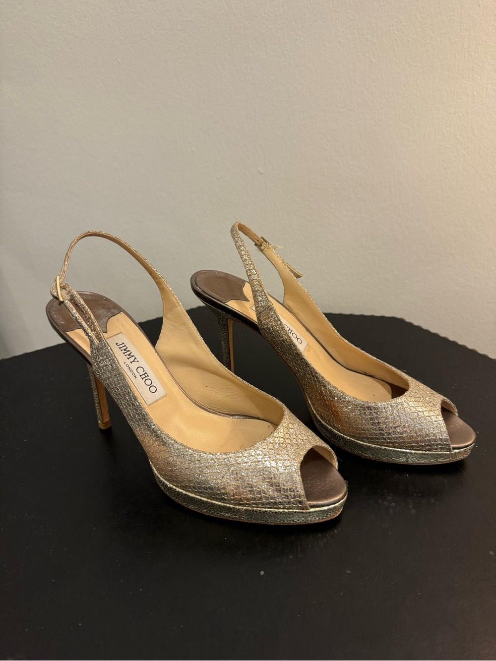 Jimmy Choo Vintage Metallic Gold Peep-Toe Slingback Heels